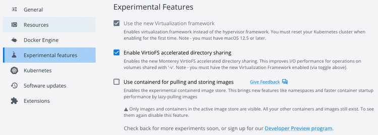 Screenshot of Docker (version 4.12.0) settings screen with experimental features enabled