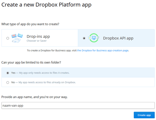 Dropbox app aanmaken